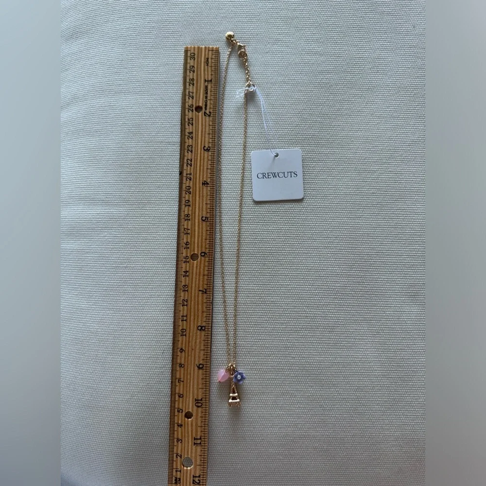 Gold Eiffel Tower Pendant Necklace with Pink Heart & Lavender Flower Charms